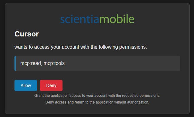 Permissions consent screen showing mcp:read and mcp:tools
