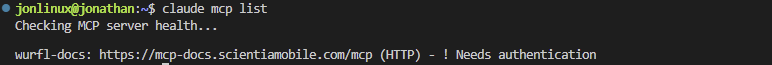 Terminal output of claude mcp list showing wurfl-docs server
