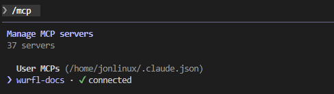Claude Code /mcp output showing wurfl-docs with connected status