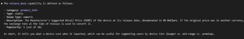 Claude Code displaying the WURFL capability definition from the MCP server