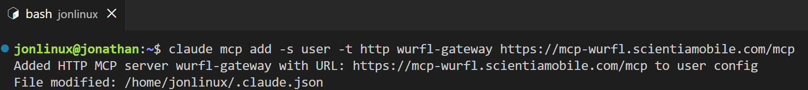 Terminal output confirming the wurfl-gateway MCP server has been added
