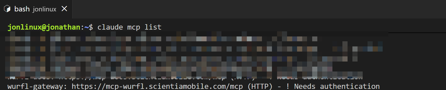 Terminal output of claude mcp list showing wurfl-gateway server