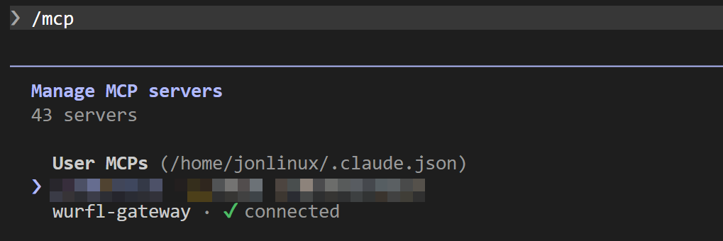 Claude Code /mcp output showing wurfl-gateway with connected status