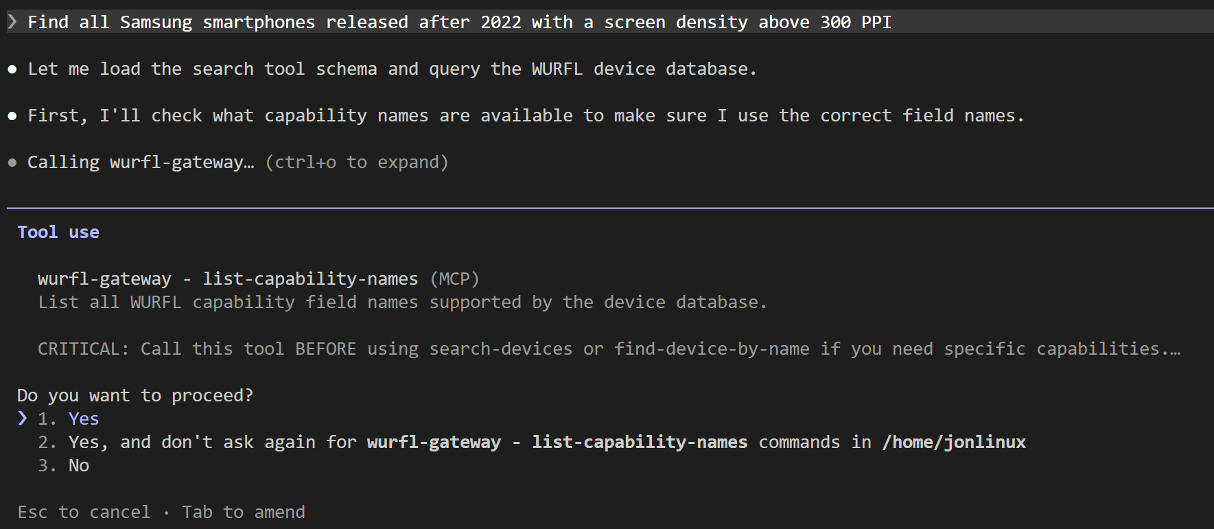 Claude Code prompt to allow WURFL Gateway MCP tool usage