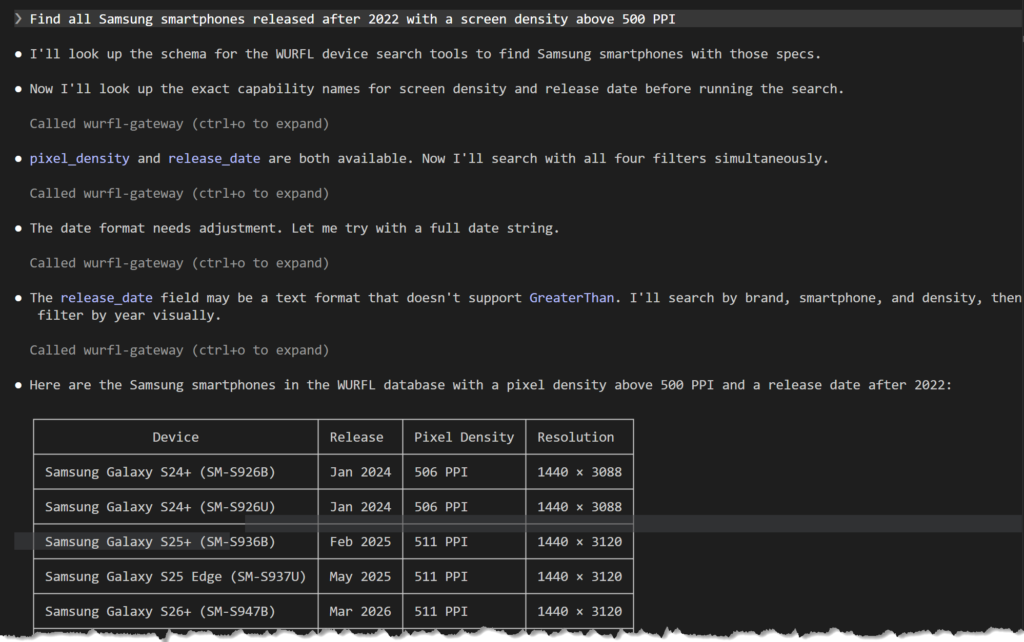 Claude Code displaying the WURFL Gateway MCP results