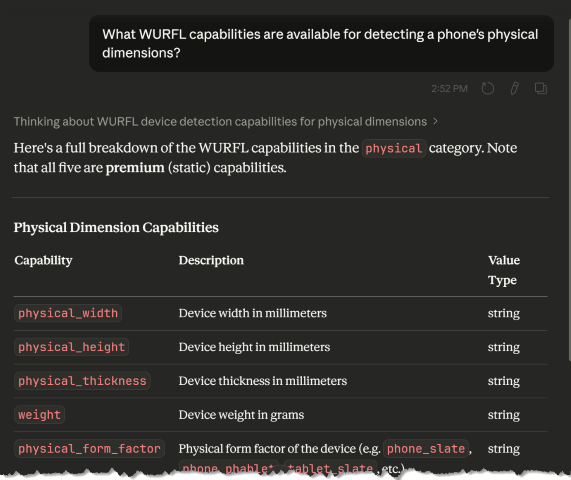 Example query using the WURFL Docs connector in Claude Desktop