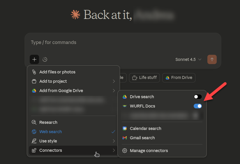 Connectors list showing WURFL Docs with Connected status