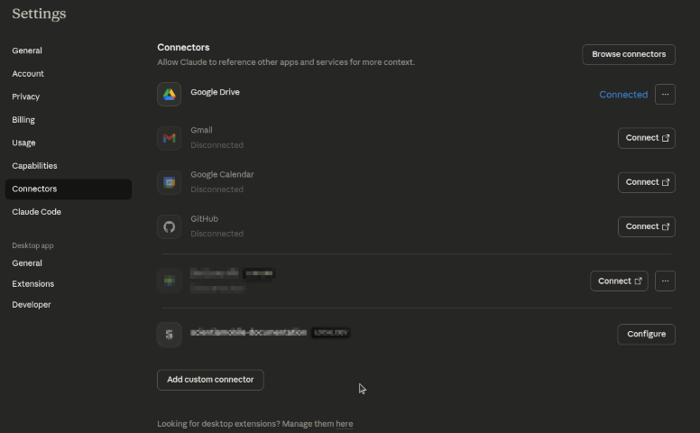 The Connectors management screen in Claude Desktop