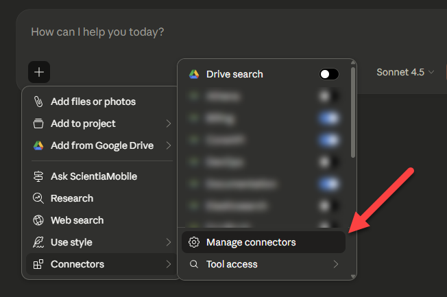 Connectors menu with Manage Connectors highlighted