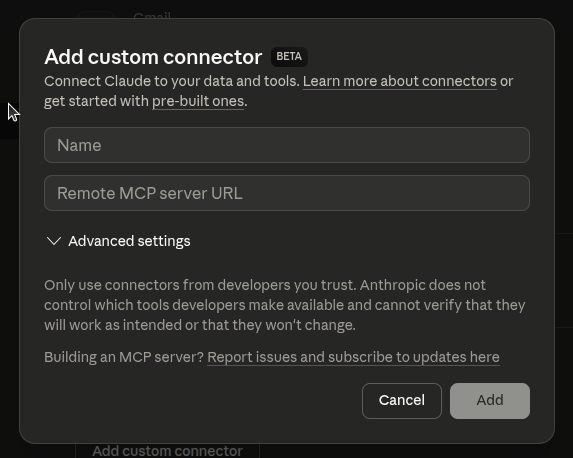 Connectors management page with Add custom connector button