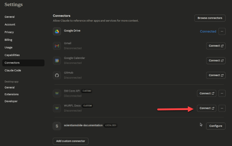 The Connectors list showing WURFL Docs with the Connect button