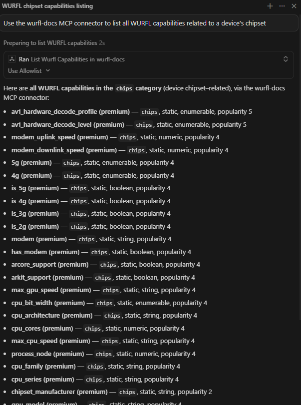 Example query using the wurfl-docs MCP connector in Cursor's chat panel