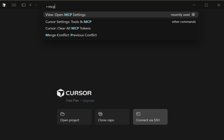 Cursor command palette showing the MCP settings option