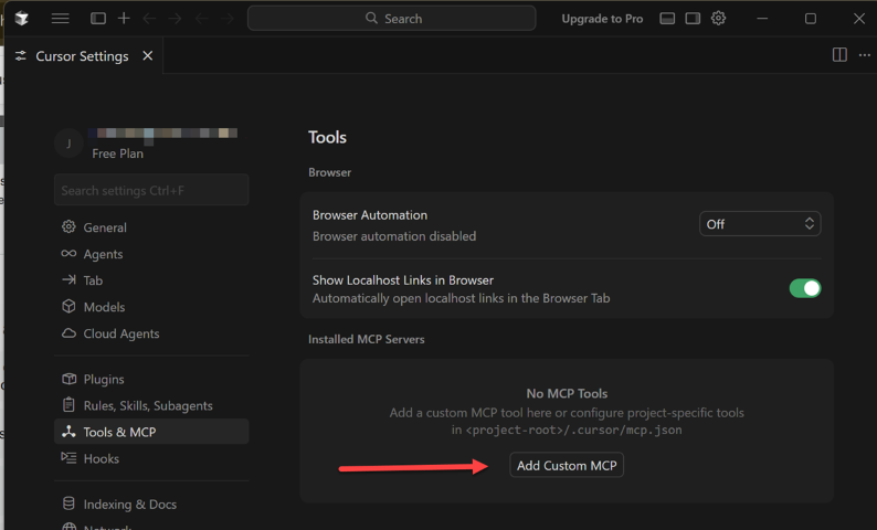 The Tools & MCP settings panel with the Add Custom MCP button