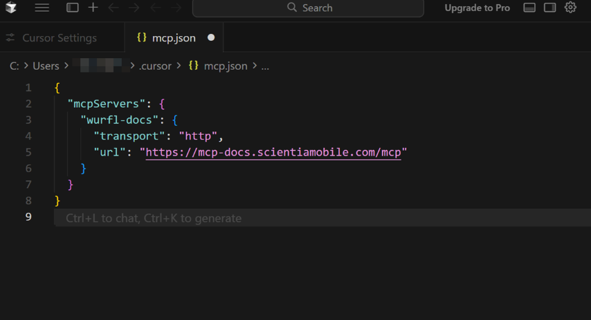 The mcp.json file with the wurfl-docs server configuration