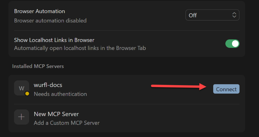 Tools and MCP Panel showing wurfl-docs with Needs Authentication status