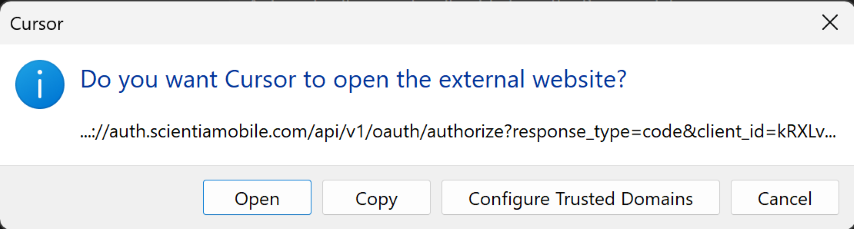 Cursor's prompt to open the browser for OAuth login