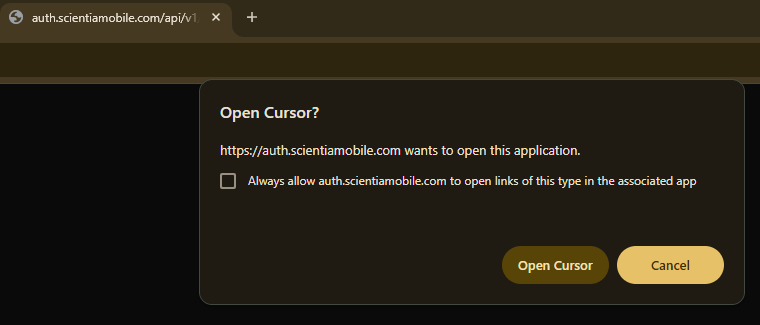 Browser prompt to redirect back to Cursor after authentication