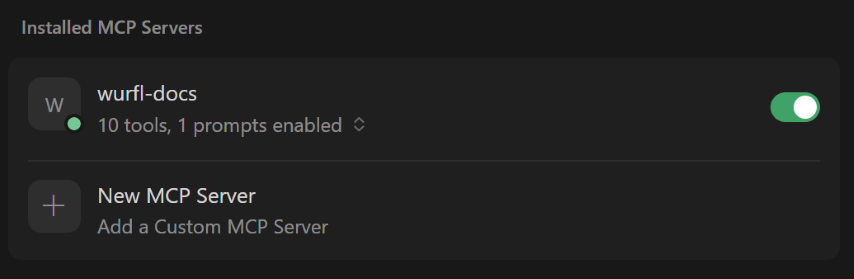 The wurfl-docs connector is now active with 10 tools and 1 prompt available