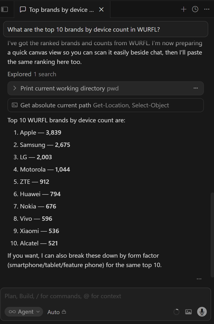 Example query using the WURFL Gateway MCP connector in Cursor's chat panel