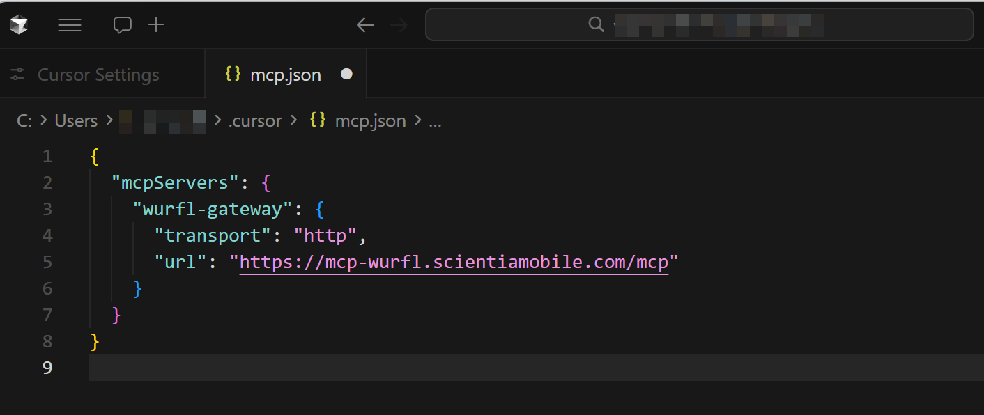 The mcp.json file with the wurfl-gateway server configuration