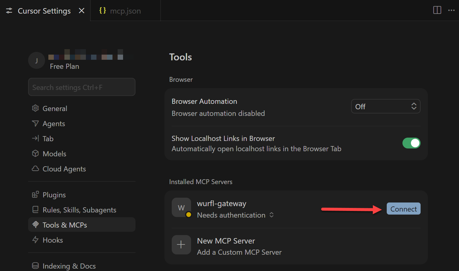 Tools and MCP Panel showing wurfl-gateway with Needs Authentication status