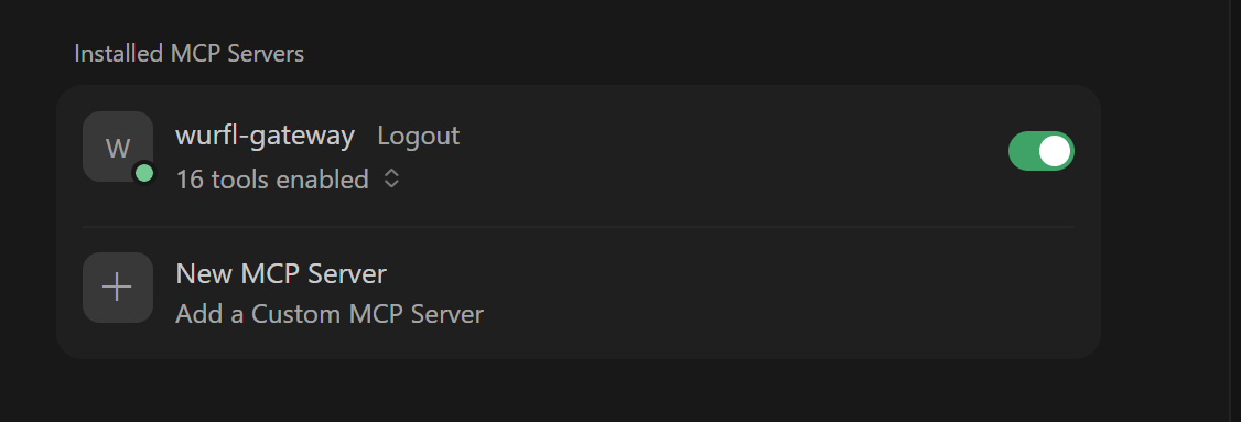The wurfl-gateway connector is now active in the Tools and MCP Panel