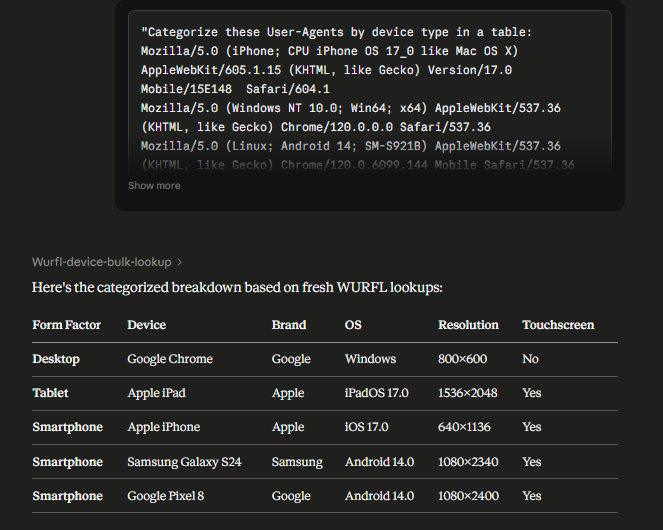 Example of a bulk device lookup result showing multiple devices categorized by type in a table