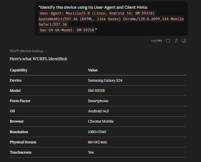 Example of a device lookup using Client Hints alongside a User-Agent string