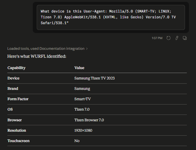 Example of a single device lookup result showing device name, OS, and form factor