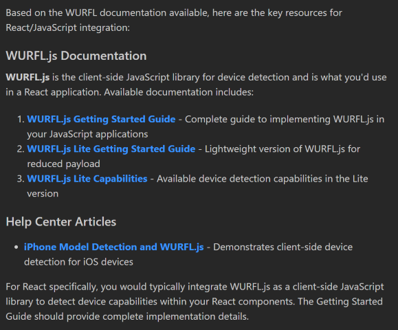 Example showing Help Center articles related to React and WURFL integration