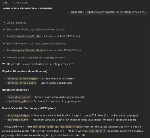 Example showing WURFL capabilities related to screen size detection