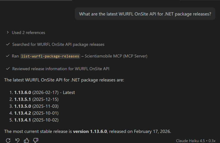 Example query using the WURFL Docs MCP server in VS Code Copilot Chat