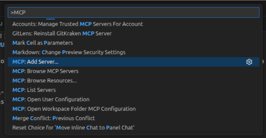 VS Code command palette showing the MCP: Add Server command