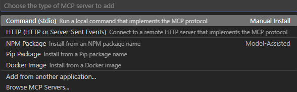VS Code prompt showing the available MCP server type options