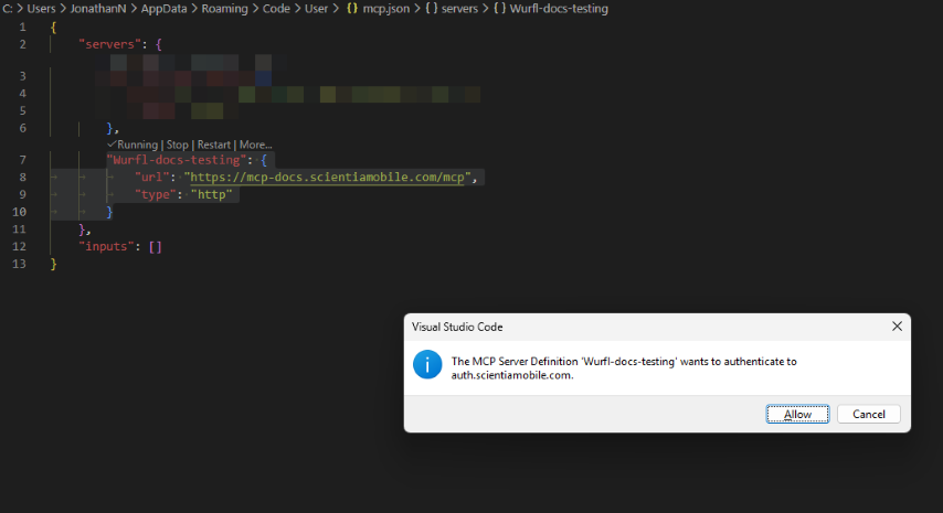 VS Code alert requesting permission to authenticate with the MCP server