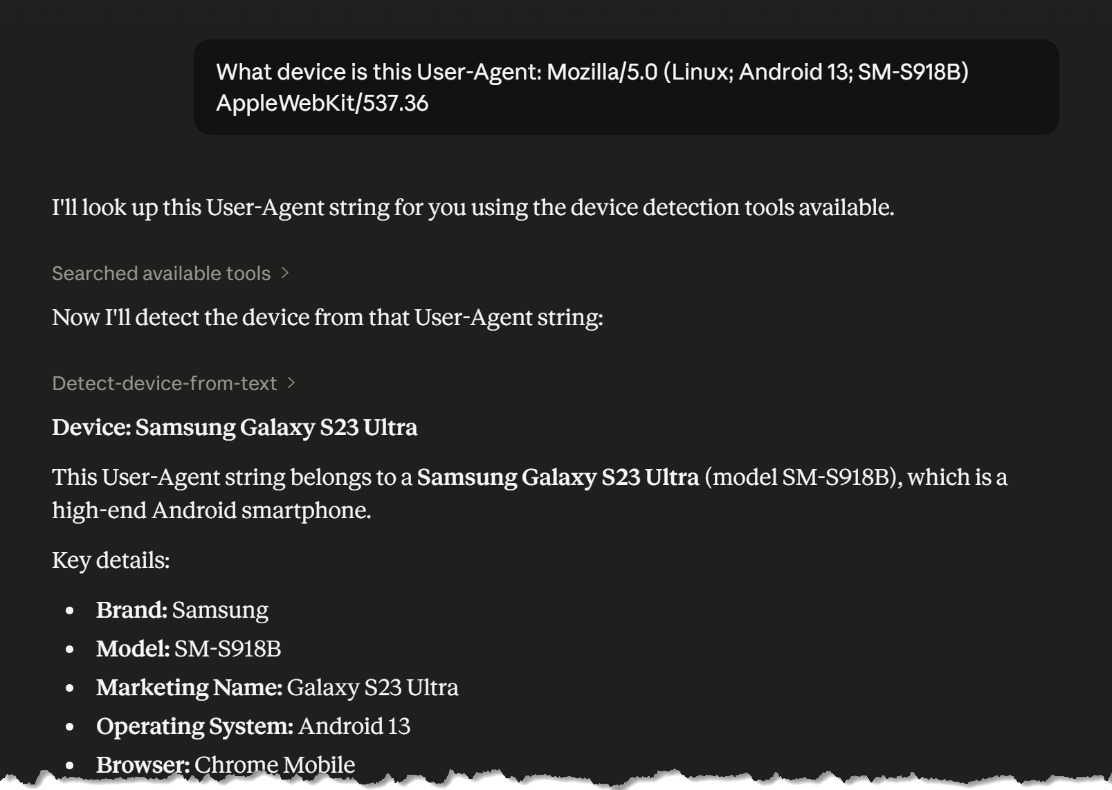 AI assistant identifying a device from a User-Agent string using the WURFL Gateway MCP