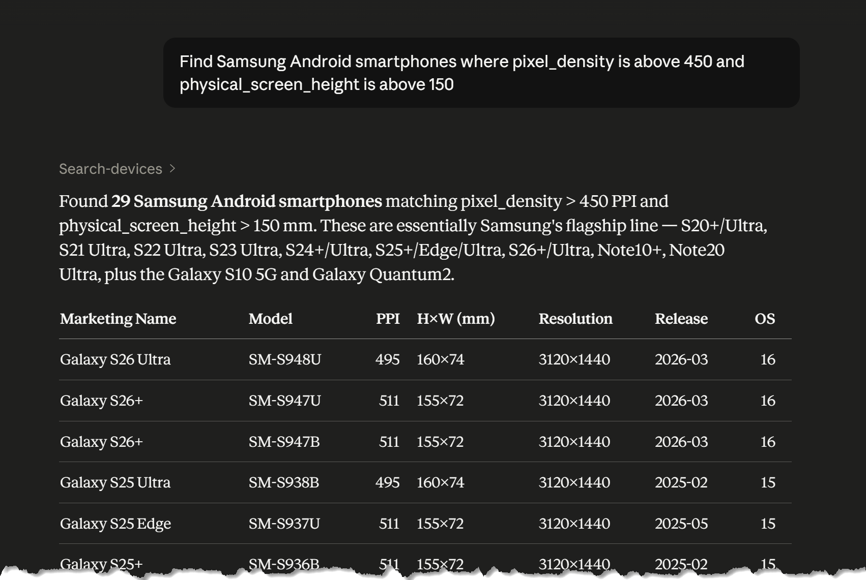 AI assistant returning Samsung Android smartphones filtered by pixel density and screen height