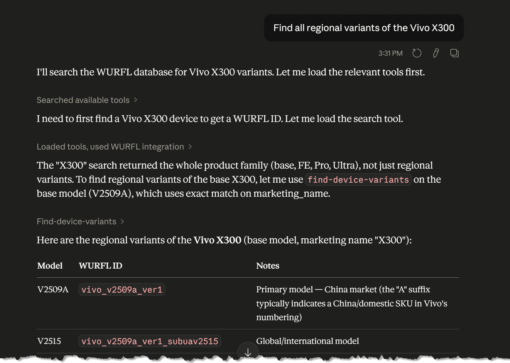 AI assistant listing regional variants of the Vivo X300