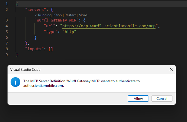 VS Code mcp.json file showing the wurfl-gateway server configuration